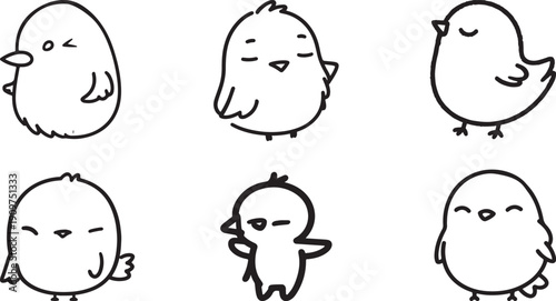 A group of cute cartoon birds with different expressions on a white background