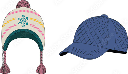 Winter pom-pom earflap hat and quilted baseball cap side by side, seasonal headwear, CAD drawing, flat vector illustration, fashion accessory