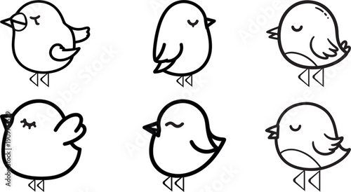 A set of cute cartoon birds in various happy and peaceful poses on a white background