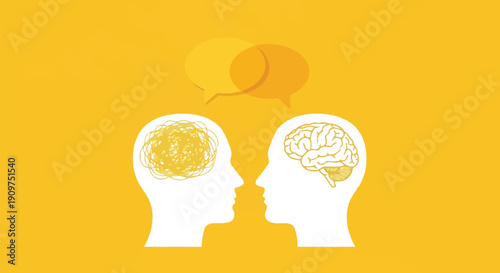Two human head silhouettes face each other illustrating communication breakdown versus clear thought processes with overlapping speech bubbles.