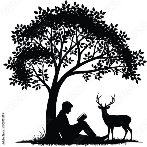 A serene silhouette of a man reading a book under a tree with a deer standing nearby