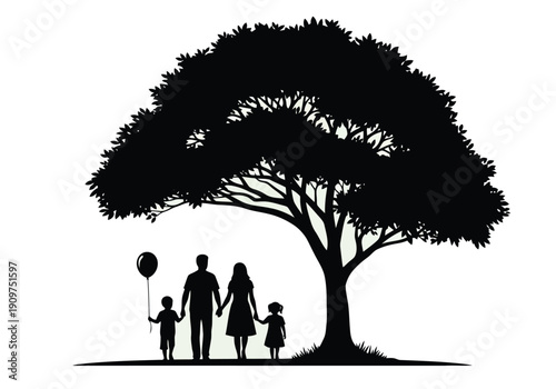A family of four walks hand in hand under a large tree