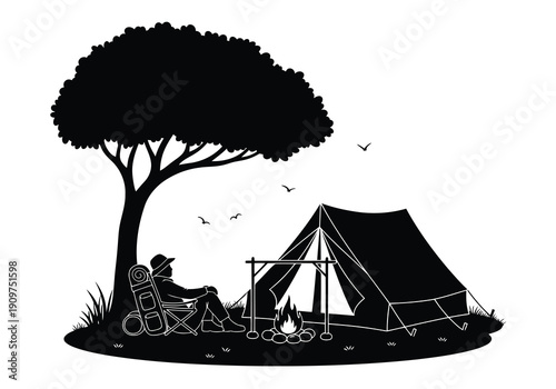 A serene camping scene with a tent and a person sitting under a tree
