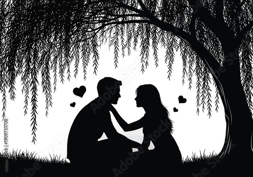 A romantic couple sits together under a tree with hearts floating around them