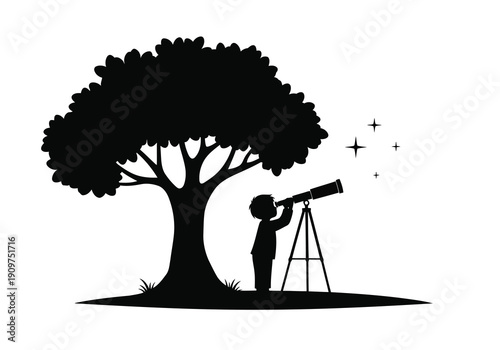 A silhouette of a child using a telescope under a tree on a starry night