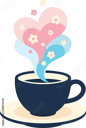 Cute coffee cup with heart shaped steam and tiny flowers, romantic hot drink symbol for love, café menu design, Valentine card, wedding invite, cozy morning mood.