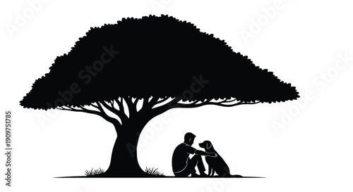 A man and his dog sitting under a large tree in a peaceful outdoor setting