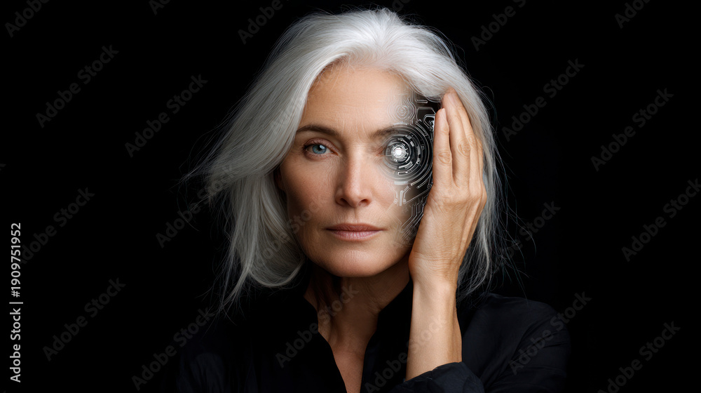 Naklejka premium Portrait of a woman with white hair with a half robot face. Artificial Intelligence, Futuristic Digital Technology, Metaverse of Digital Intelligent World