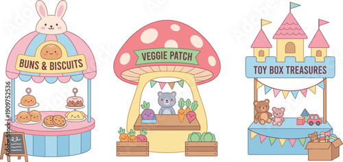 Cute kids market stalls illustration, bakery veggie patch toy shop booths, pastel cartoon fair stands, adorable children marketplace design