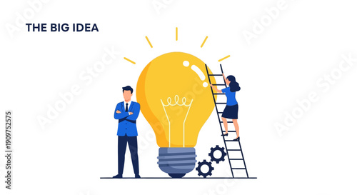 Depiction of a business team realizing a bright concept symbolized by a giant illuminating lightbulb, emphasizing strategy and breakthrough achievement.