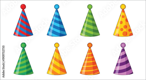 Colorful party hats in various patterns are neatly arranged