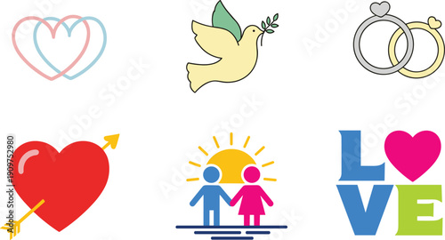 Love and relationship icons set, romance symbols, hearts, wedding rings, couple silhouette, peace dove, colorful vector illustration