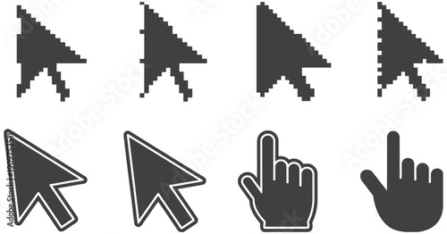digital cursor icon set including arrows, hands, pointers, and interactive symbols for ui ux design and web applications.