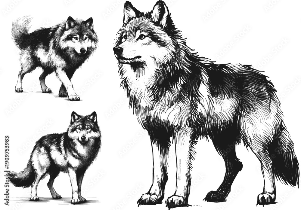 Fototapeta premium Spirit of the Ancient Forest Gray Wolf line art drawing sketch vector hand drawn illustration