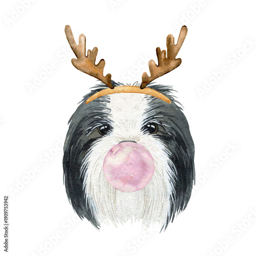 Cute Vector Watercolor Dog with Antlers Blowing Bubble Gum Illustration.