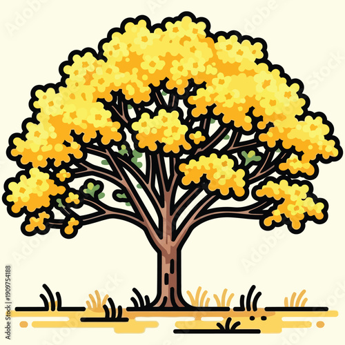 Beautiful tree with vibrant yellow leaves standing alone in a grassy field during autumn