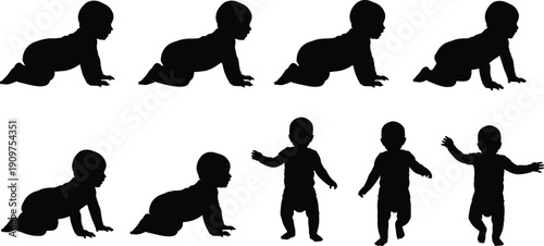 Black silhouettes of babies crawling and standing on white background baby infant