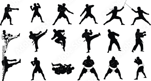 Martial arts silhouette icon set, combat sports, boxing stance, karate pose, taekwondo kick, fencing duel, sumo wrestling, grappling fight, training action, vector illustration