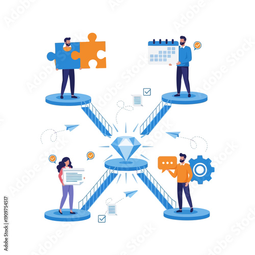 Four distinct business professionals collaborate around a central diamond objective, symbolizing teamwork, planning, communication, and problem-solving processes.