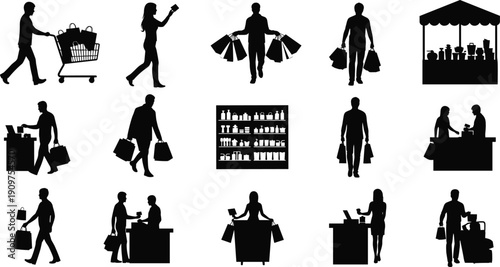 Shopping silhouette icon set, retail store, consumer activity, checkout counter, market stall, shopping cart, credit card, bags purchase, vector illustration, black pictogram