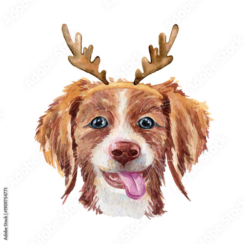 Cute Vector Watercolor Dog with Antlers Illustration.