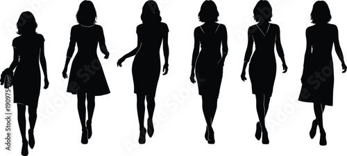 Black silhouettes of women in dresses walking