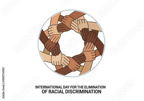 Hands of different skin tones in a circle for racial discrimination awareness