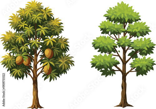 Mango tree with ripe fruits beside leafy tree, agriculture, tropical garden, fruit harvest, nature contrast, farming concept, green foliage, plants