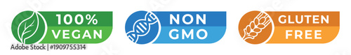 100% Vegan Non GMO Gluten Free Badges – Natural Food Certification Icons Set
