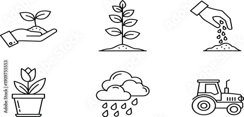 Set of Agriculture and Gardening Icons Featuring Hand Planting Seedling, Growing Plant, Sowing Seeds, Potted Flower, Rain Clouds and Farm TractorSet of Agriculture and 