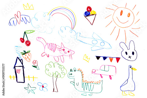 Wallpaper Mural Cute doodle outlined design elements set. Funny creative line art animals, food, flower, rainbow, abstract shapes in kids scribble style. Trendy naive drawings. Childish hand-drawn vector illustration Torontodigital.ca