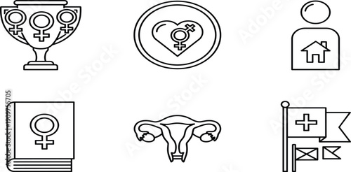 Set of Women Health and Empowerment Icons Featuring Reproductive Organs, Feminism Symbol, Trophy, Heart, Medical Flag and Female Education BookSet of Women Health 