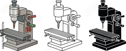 Benchtop milling machine silhouette & Outline and illustration set isolated on transparent background