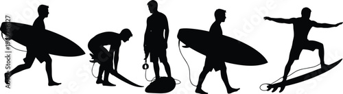 Black silhouettes of men with surfboards on white background surfers