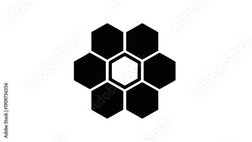 Vector illustration of abstract geometric pattern of seven hexagons forming a flower or honeycomb shape, black and white vector icon on a transparent background