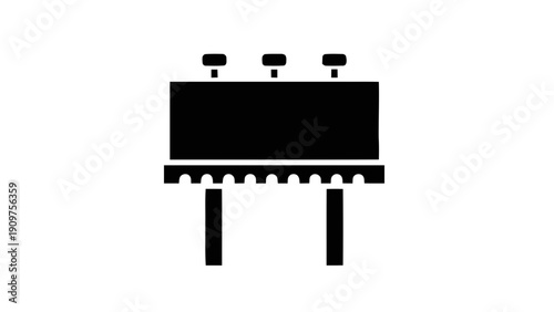 Vector illustration of black silhouette icon of a large outdoor advertising billboard structure with three lights on top, on a transparent background