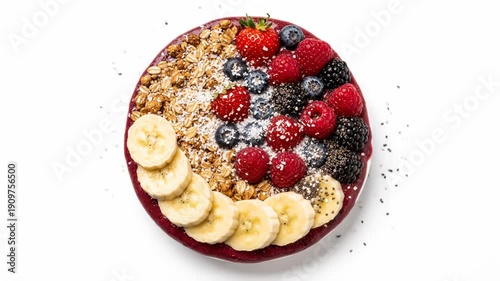 A vibrant acai bowl is prepared with fresh fruits and granola. Healthy toppings like coconut and chia seeds are added for a delicious meal.