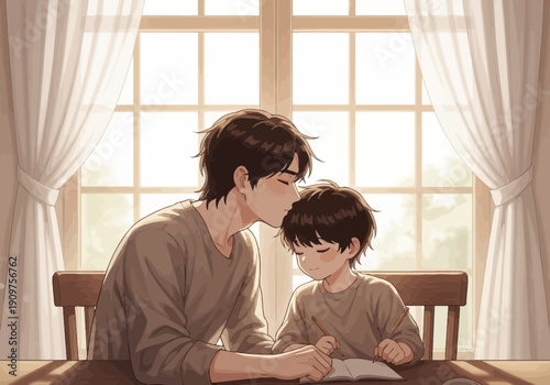 Heartwarming scene of a man and a boy sitting by the window