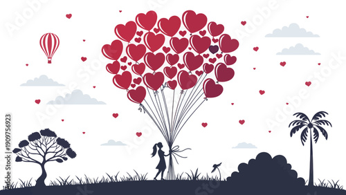 Romantic valentine's day silhouette vector loving couple holding heart balloons in scenic landscape