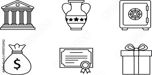 Banking and finance icon set featuring a bank building, ancient Greek vase, secure vault safe, money bag, certificate, and gift box, for investment and wealth.Banking and finance 