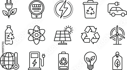 Linear vector icon set for renewable energy and green technology featuring solar panels wind turbines electric cars recycling symbols nuclear power and sustainable environment