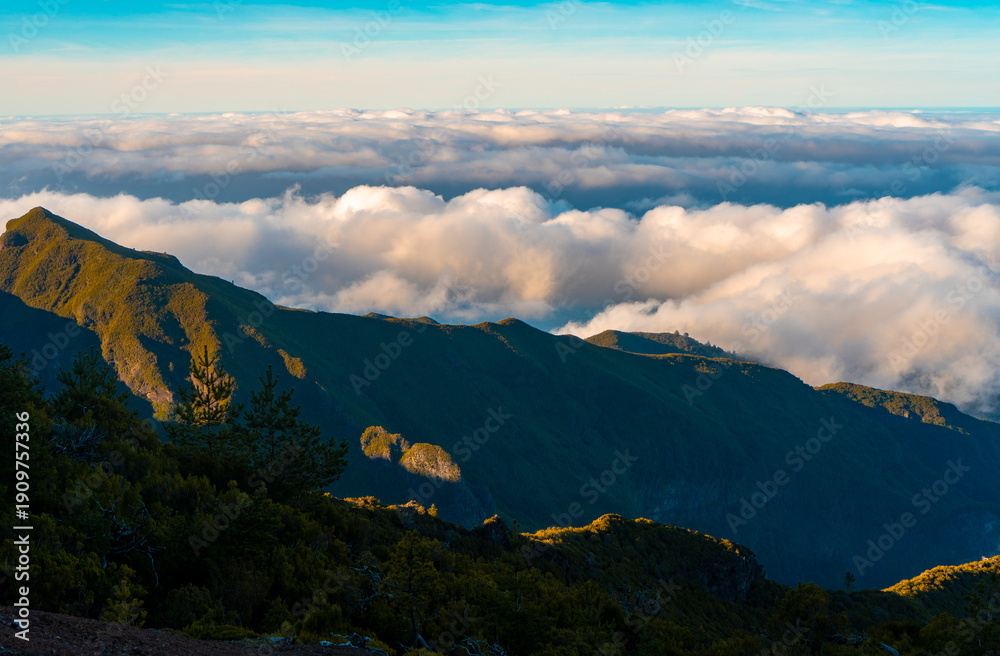 Fototapeta premium Aerial view of winding mountain road above the clouds.