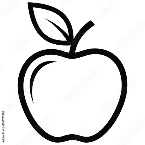 Black outline of a single apple with a leaf and stem on a white background fruit