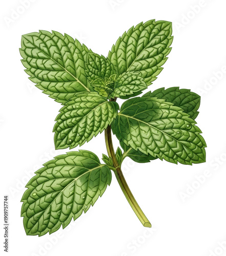 Fresh mint leaves botanical illustration nature close-up view isolated on transparent background