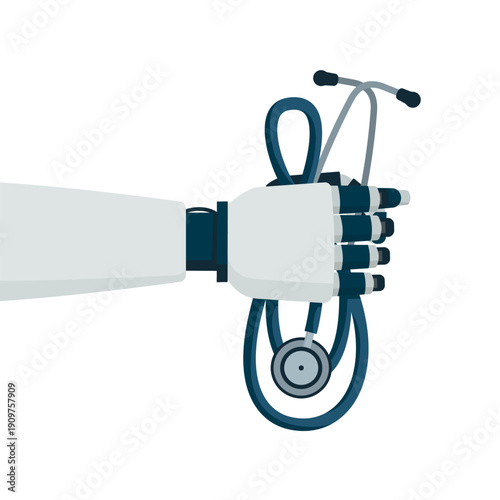 Humanoid AI robot hand holding a stethoscope