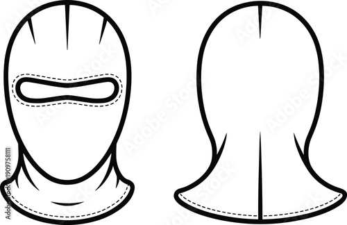 Balaclava mask vector illustration front and back view, winter face covering black and white line art design