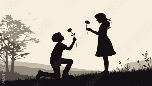 Silhouette of boy kneeling offering flower to girl in serene landscape with tree
