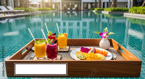 Wallpaper Mural Floating Wooden Tray with Tropical Fruit Smoothies and Fresh Sliced Fruit Platter in Luxury Pool Torontodigital.ca