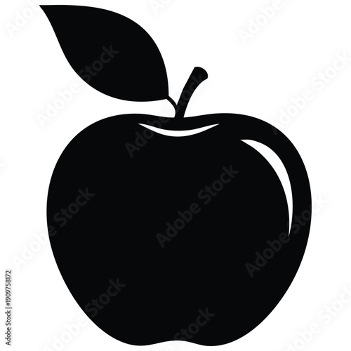 Bold black silhouette of a single apple with stem and leaf against a white background.eps