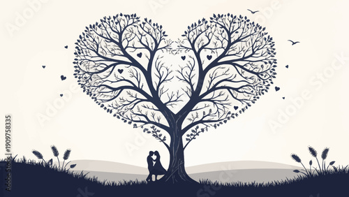 Heart shaped tree silhouette with couple embracing love and nature concept romantic scenery